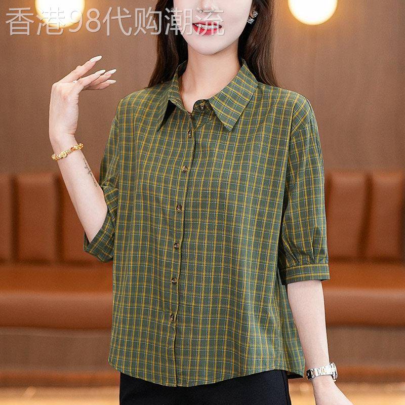 简约大方格纹七分袖衬衫女夏季2026新款气质翻领宽松遮肉中袖衬衣