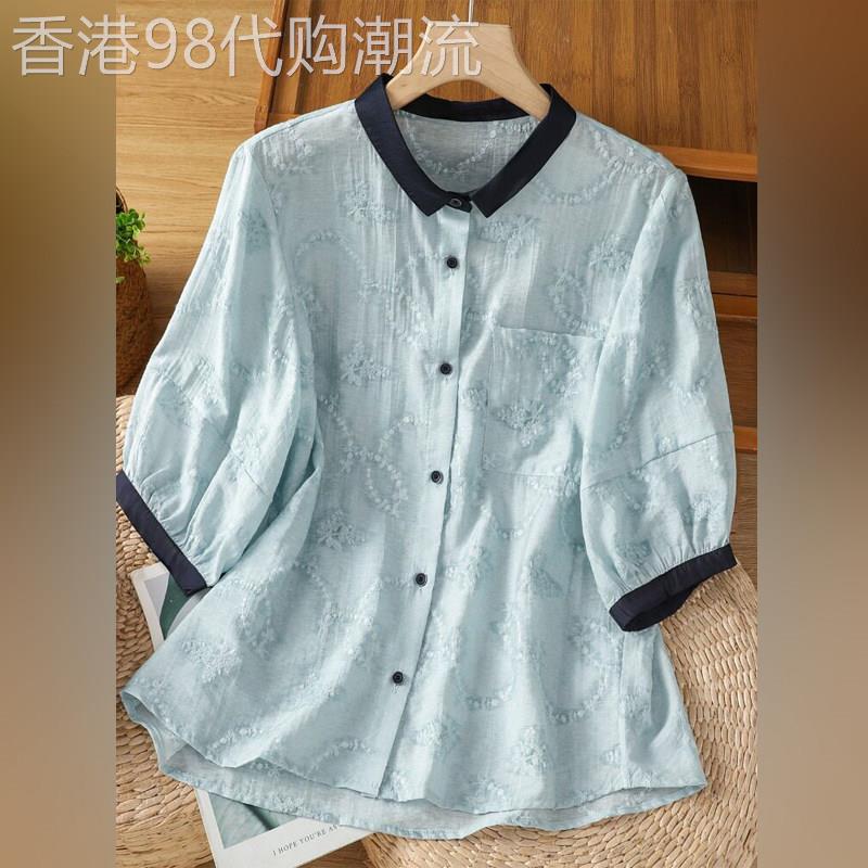 潮牌复古撞色刺绣棉麻衬衫女士夏季高级感气质亚麻泡泡袖衬衣小衫