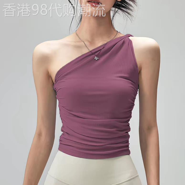 防震性感斜肩瑜伽服背心女带胸垫运动内衣训练健身外穿文胸上衣