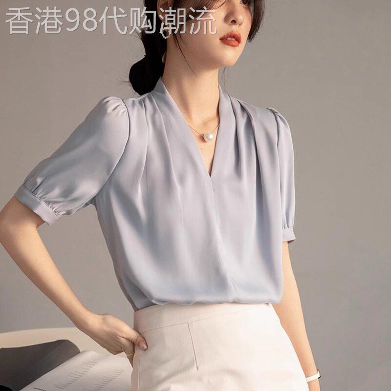 潮牌短袖v领缎面衬衫职业女夏商务正装免烫抗皱衬衣面试通勤上衣
