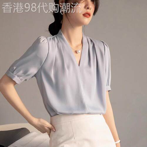 潮牌短袖v领缎面衬衫职业女夏商务正装免烫抗皱衬衣面试通勤上衣
