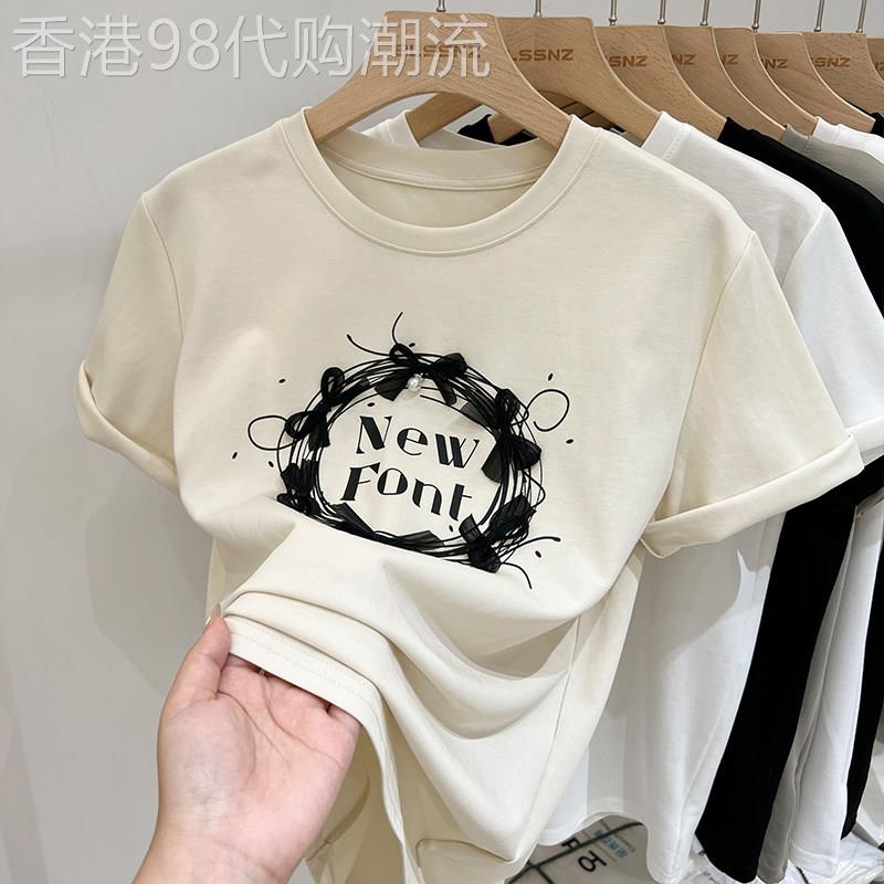 杏色印花纯棉正肩短袖t恤女夏季2026新款蝴蝶结宽松短款上衣体恤
