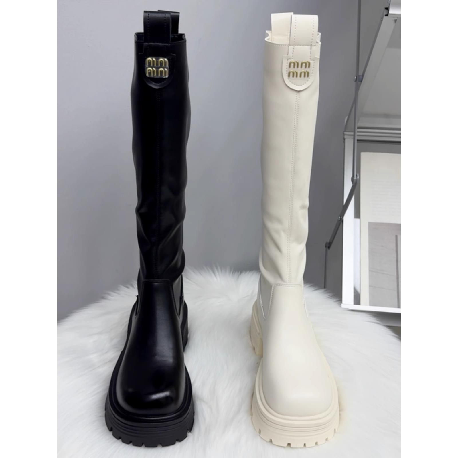 香港真皮白色长筒靴女2025秋冬季新款爆款加绒厚底增高筒骑士靴子
