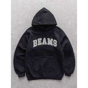 BEAMS 日系覆古毛毡刺绣字母LOGO学院风连帽卫衣男女纯棉宽松帽衫