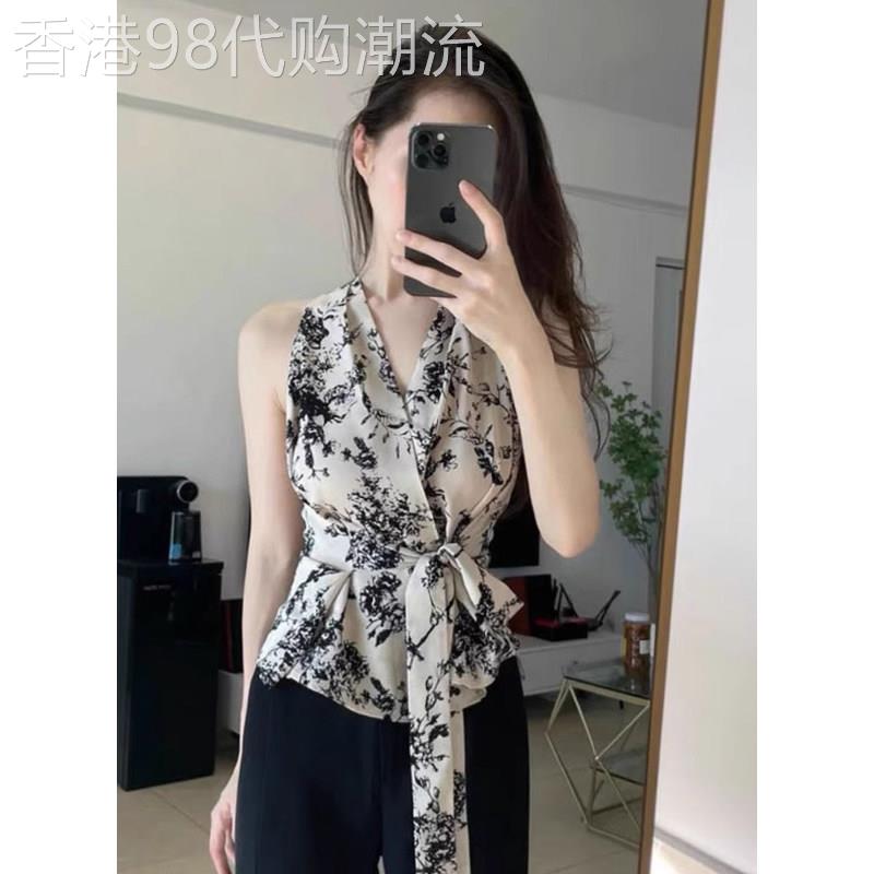 碎花无袖衬衫女夏季修身显瘦法式高级设计感小众别致独特挂颈上衣