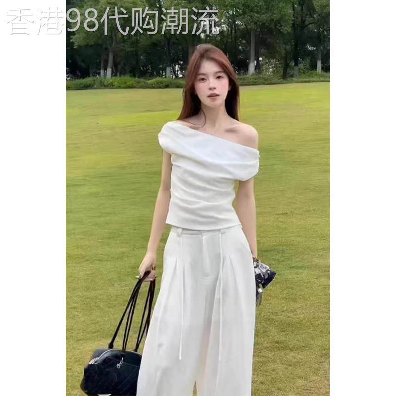 白色法式斜肩短袖T恤女夏季欧货时尚设计感百搭款高级感露肩上衣