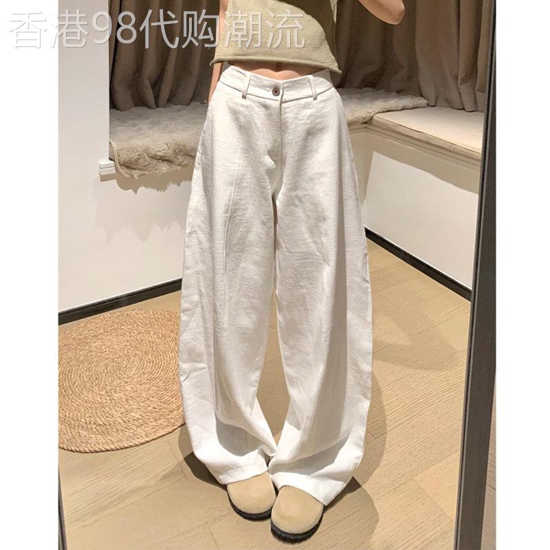 白色亚麻阔腿裤女夏薄款2026新款小个子高腰宽松休闲棉麻弯刀裤子
