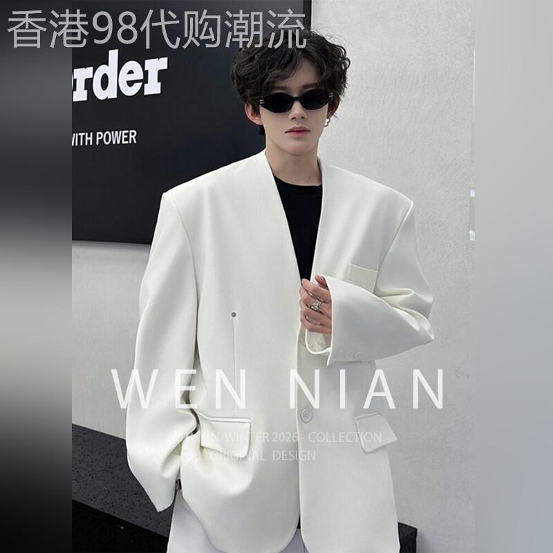 韩国WEN NIAN白色垫肩痞帅西服套装男2026春季英伦雅痞风西装外套