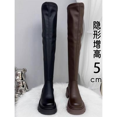 香港真皮过膝长筒靴女2025秋冬新款爆款加绒厚底增高筒骑士长靴子