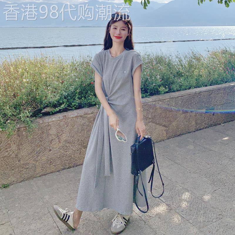 2025夏季A字连衣裙韩系慵懒风短袖T恤裙 显瘦收腰灰色长裙聚酯纤