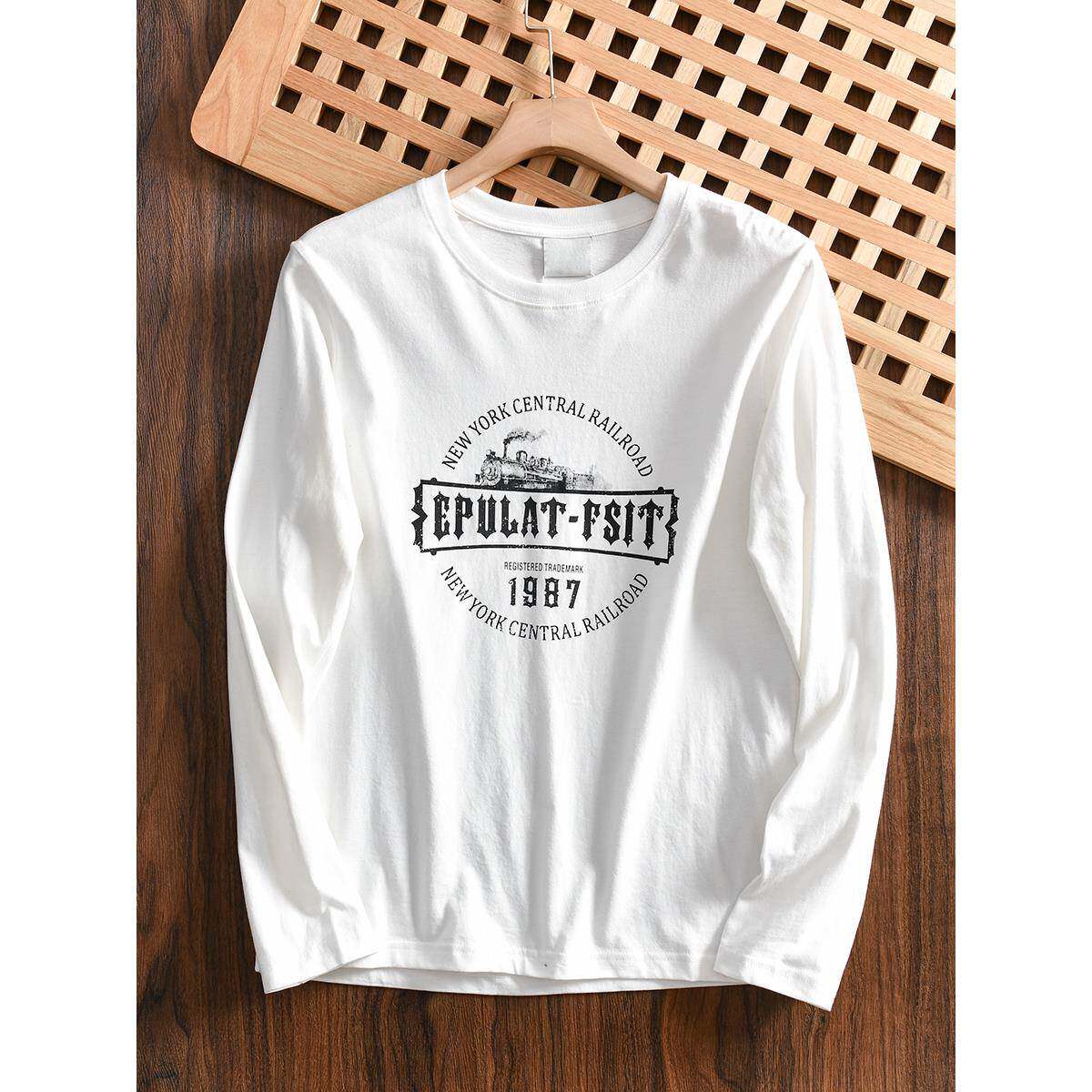 闭眼入！全棉男士长袖T恤美式印花圆领休闲水洗磨毛纯棉打底衫秋