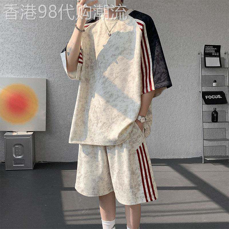 潮牌条纹冰丝休闲套装男夏季宽松运动扎染薄款短袖速干短裤两件套