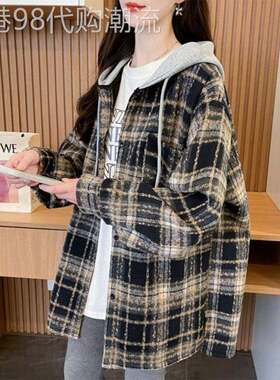黑色格子连帽衬衫女士春秋欧货复古宽松中长款慵懒风大码开衫外套
