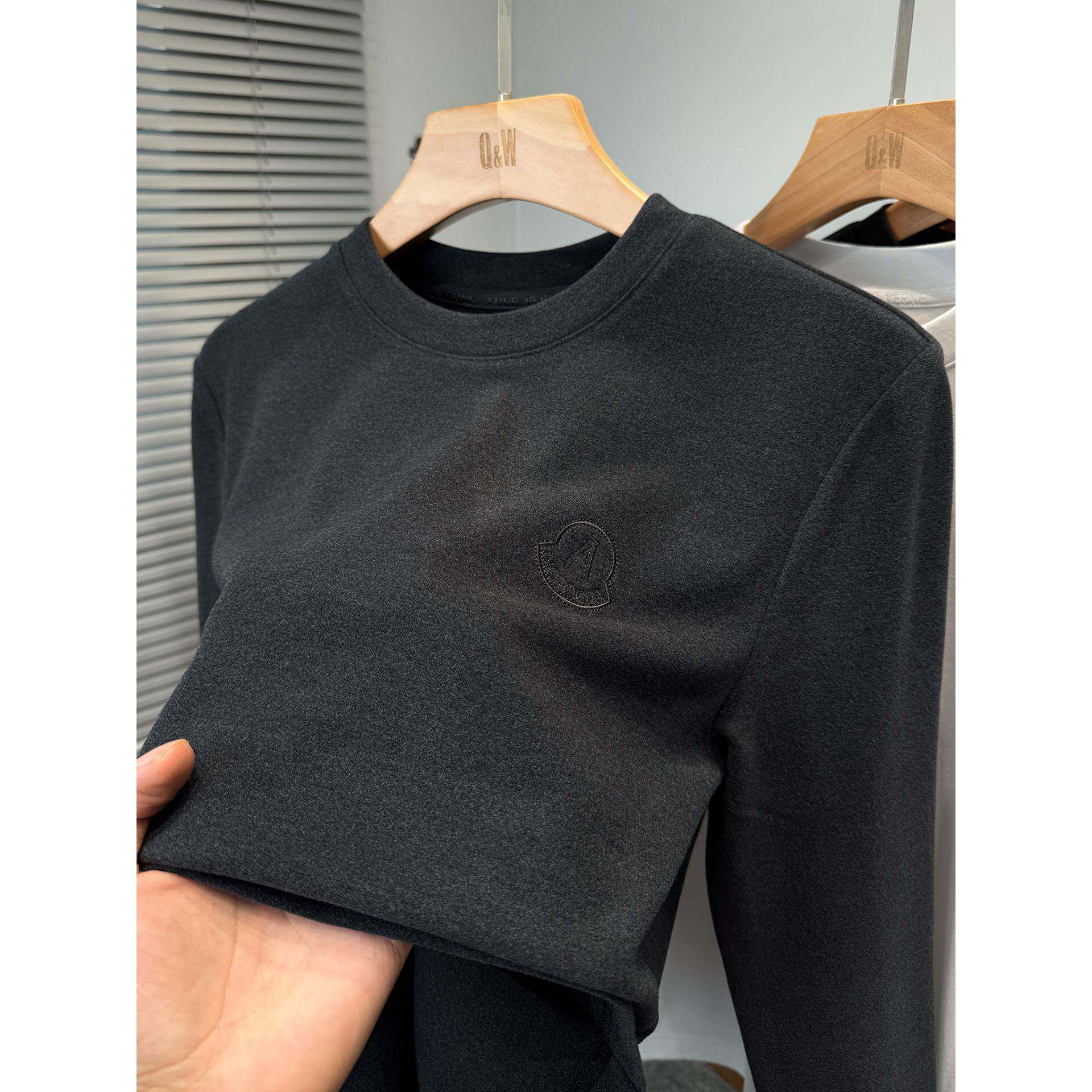 刺绣磨毛德绒打底衫男款长袖秋冬季修身t恤男装圆领内搭休闲