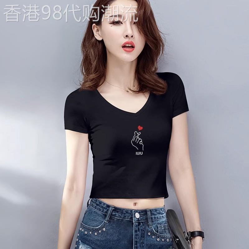 潮牌2026短款t恤女短袖修身V领夏季高腰漏肚脐短装紧身露脐上衣女