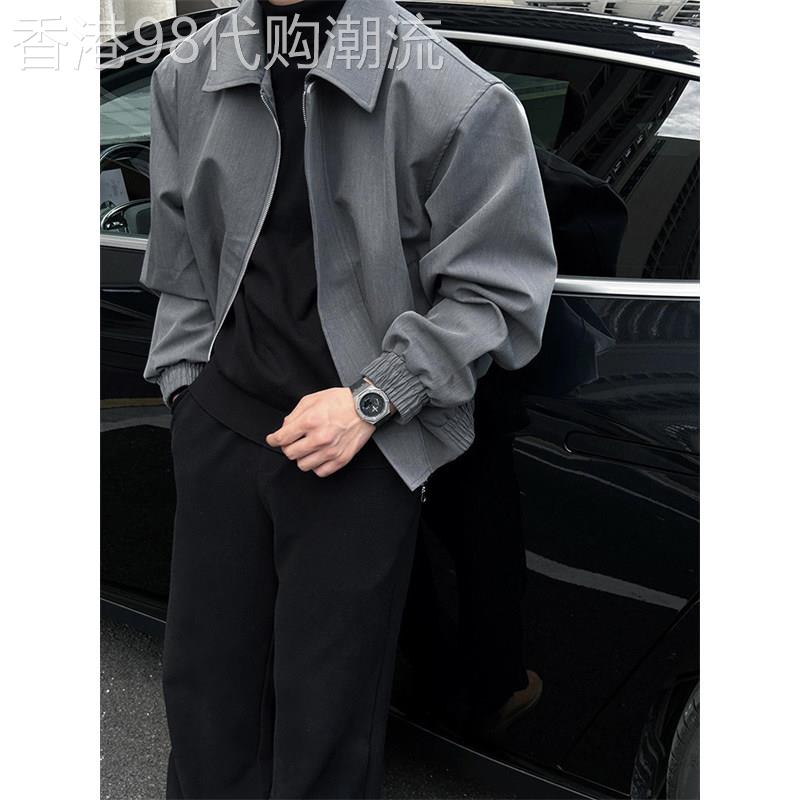 轻奢cleanfit灰色短款外套男士2026春秋美式正肩垫肩翻领行政夹克