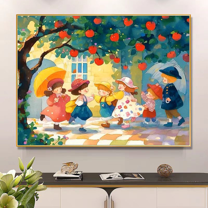苹果树下十字绣新款客厅小幅挂画卡通人物儿童卧室简单线绣手工绣