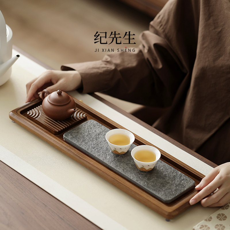 纪先生乌金石茶盘家用小型干泡茶台排水重竹茶盘托 托盘功夫茶具