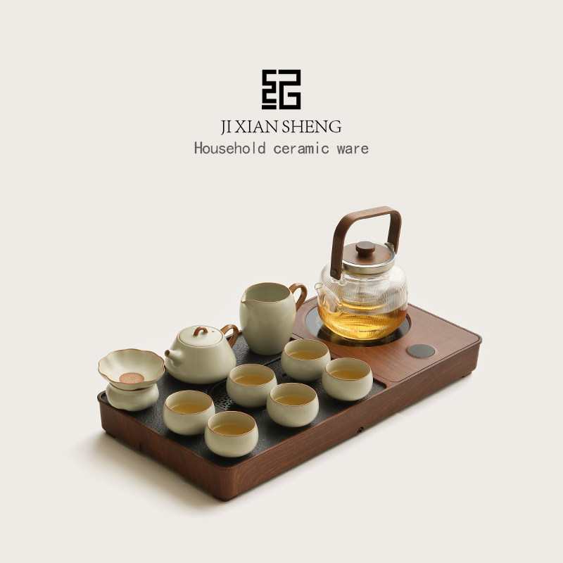 米黄汝窑高档茶具套装家用小型茶台烧水壶一体茶盘办公室会客整套