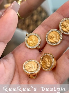 Veri薇芮 金币套装超绝质感耳钉耳夹戒指 欧美风 925银镀金