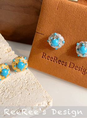 Veri薇芮 小圆满复古人工绿松耳钉 s925银镀金 高级感精致小众