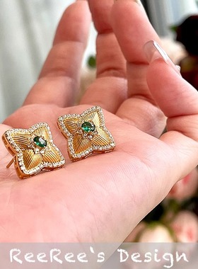 Veri薇芮 复古拉丝四叶草耳钉 精致高级感 925银镀金耳环