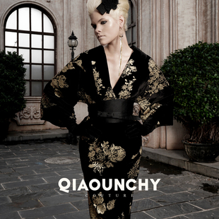 连衣裙 古秦风韵高级定制宽袖 意大利黑金丝绒 QIAOUNCHY俏云曦