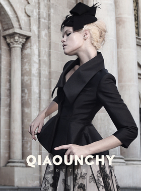 法式优雅 QIAOUNCHY俏云曦｜黑色羊毛料挺括收腰翻领圆摆短西装女