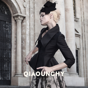 QIAOUNCHY俏云曦｜黑色羊毛料挺括收腰翻领圆摆短西装 女 优雅 法式