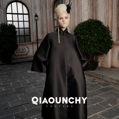 国风高定俏云曦黑色缎面中长外套