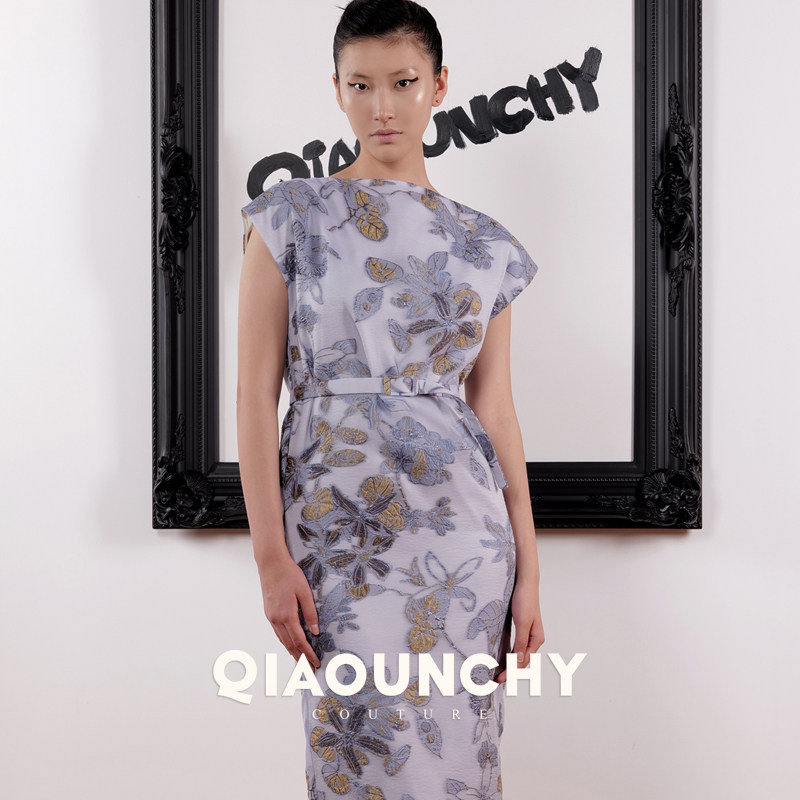 意大利进口提花料 QIAOUNCHY俏云曦｜粉蓝优雅直腰细带收腰连衣裙