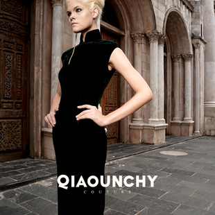 立裁 旗袍裙新品 QIAOUNCHY俏云曦 修身 帝王绿真丝丝绒经典 法式