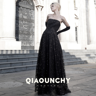 高定 长裙立裁晚礼服裙 QIAOUNCHY俏云曦｜黑色珠片绣露肩收腰法式