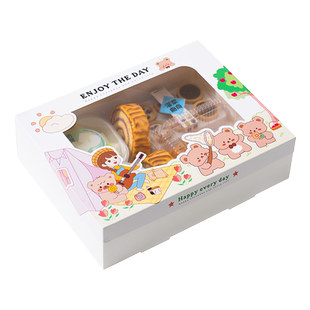 小熊卡通野餐盒带盖一次性便当盒烘焙甜品西点打包盒儿童节包装盒