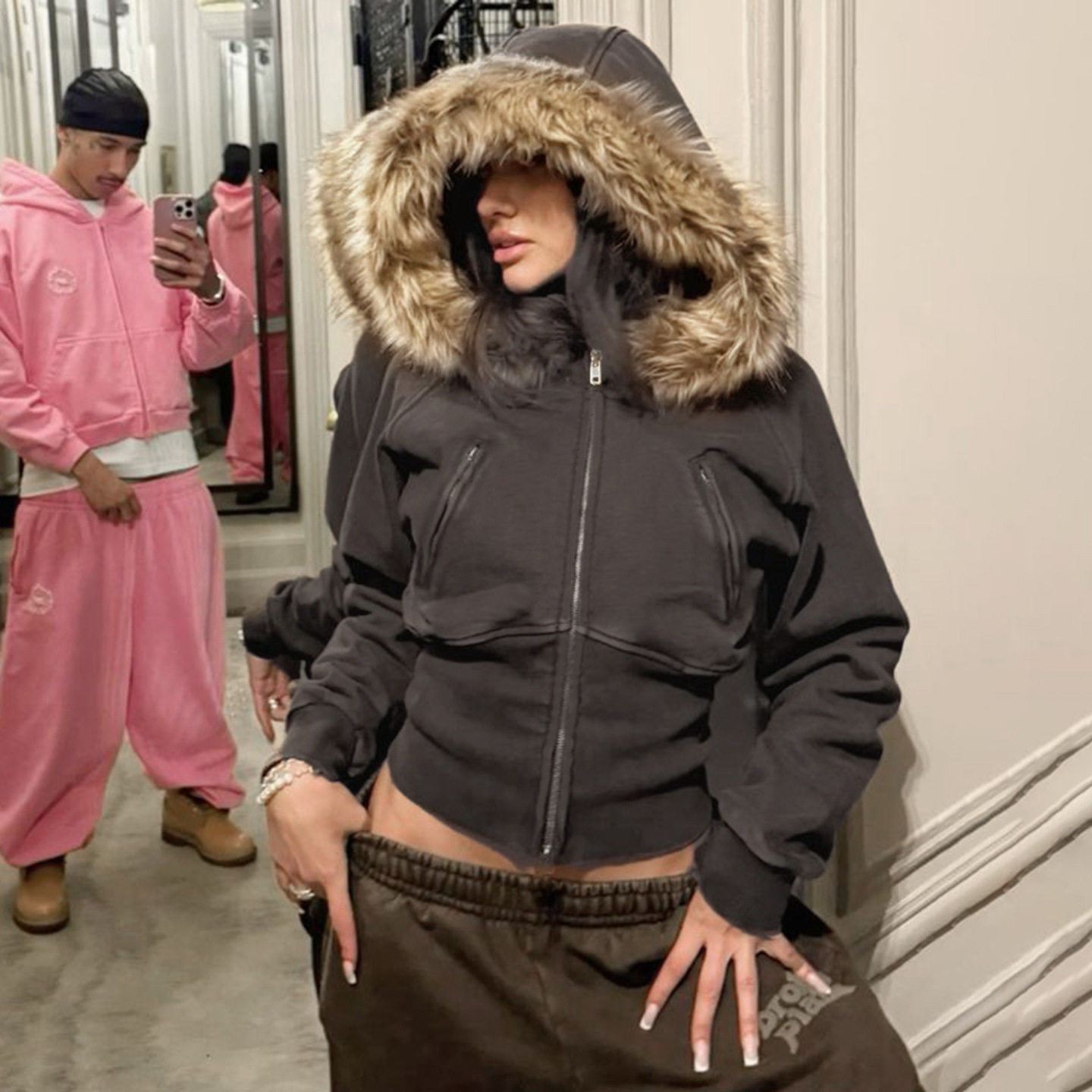 美式街头辣妹风毛毛领拼接螺纹收腰短款休闲卫衣纯色拉链重工外套
