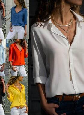 2018秋冬季女装ebay亚马逊爆款长袖女士翻领纽扣衬衫上衣 3062