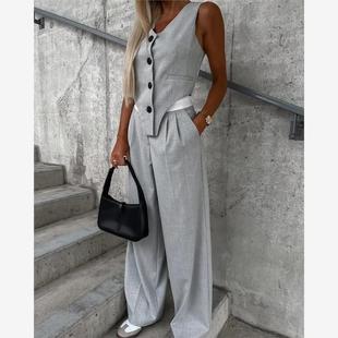 Ruched 套装 Vest 马甲长裤 Top Set无欧美袖 Colorblock Pants