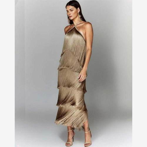 欧美女流苏性感露背礼服