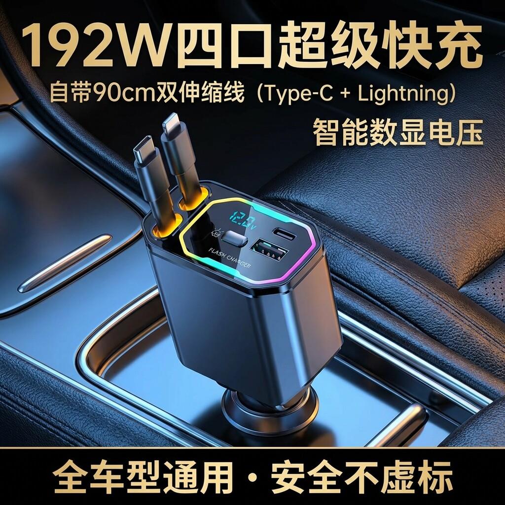 德国车载充电器一拖二超级快充点烟器转换插头车充伸缩线2026新款