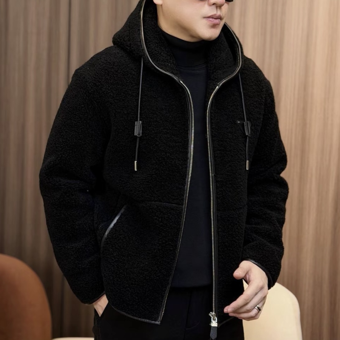 秋冬季高奢款100%羊毛配羊皮外套男款高级连帽型羊毛外套帅-25190