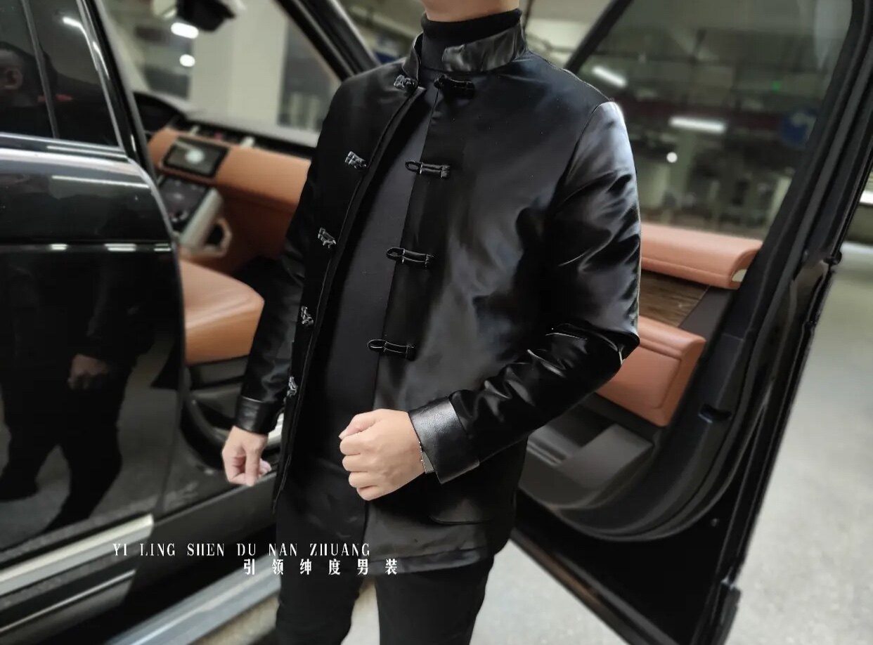 ls908绅度男装新款中国风盘扣磨砂皮立领时尚霸气外套羽绒唐装男