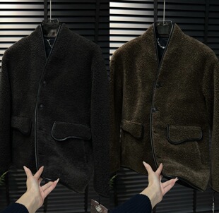 秋冬季高奢款100%羊毛配羊皮外套男款高级无领型羊毛外套帅-25083