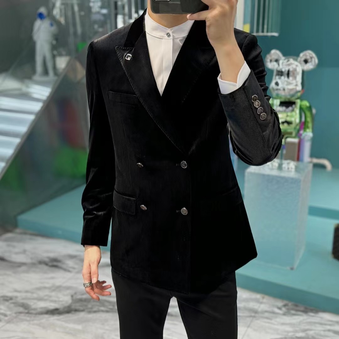 欧洲站早秋新品潮流老钱风男款灯芯绒双排扣韩版西服上衣外套1956