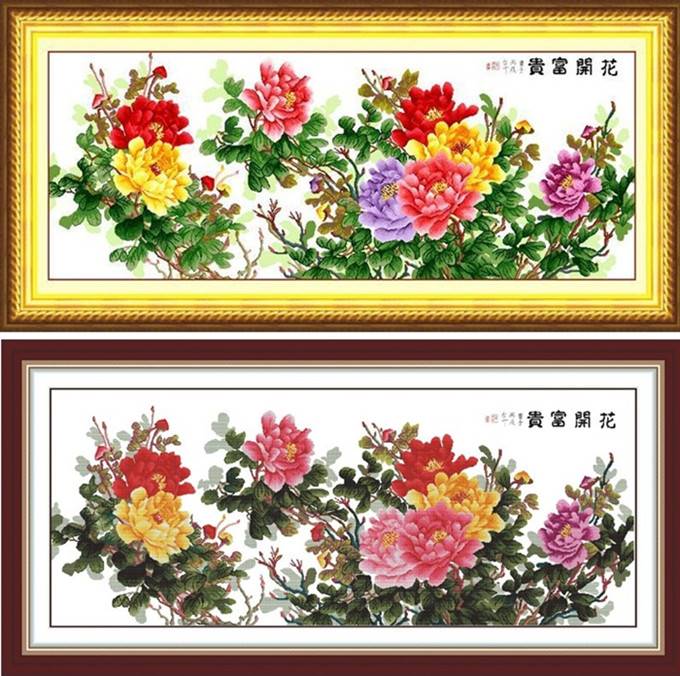 纯手工十字绣成品花开富贵牡丹花开紫气东来客厅大幅装饰挂画出售