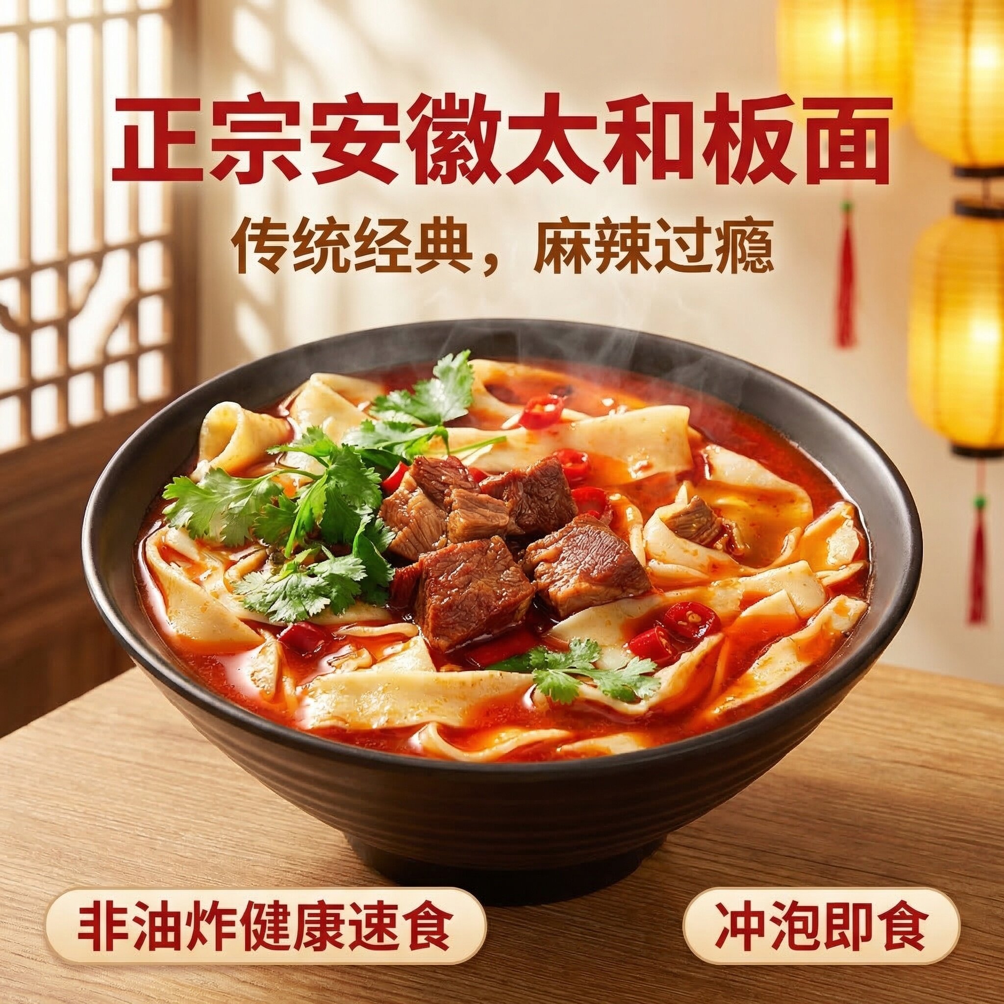 正宗安徽太和板面香辣牛肉味方便速食非油炸汤面羊肉手工宽面袋装