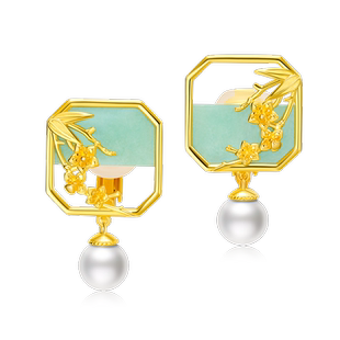 吾往青澜珍珠玉石耳环新中式国风金色耳饰高级感复古风耳夹