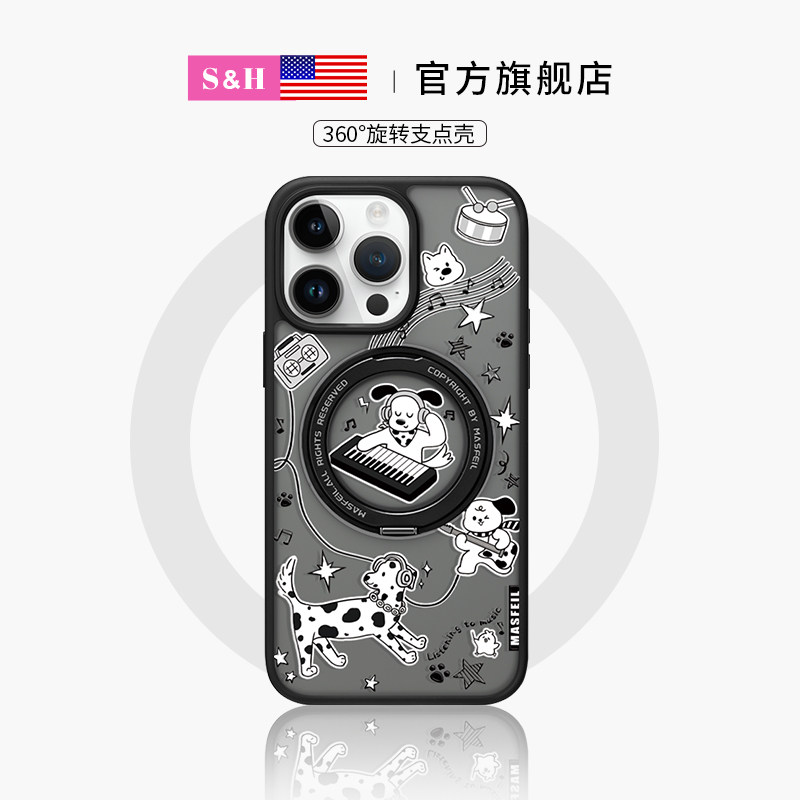 SHEHENG ×音乐狗狗适用于苹果17手机壳卡通全包15Promax防摔支点14Pro旋转带支架16Promax高级简约13新Fo5