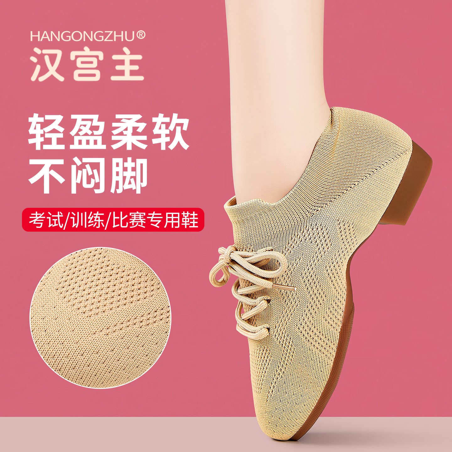 跳舞不累脚的舞蹈鞋女低跟软底系带透气飞织中国舞训练考试专用鞋