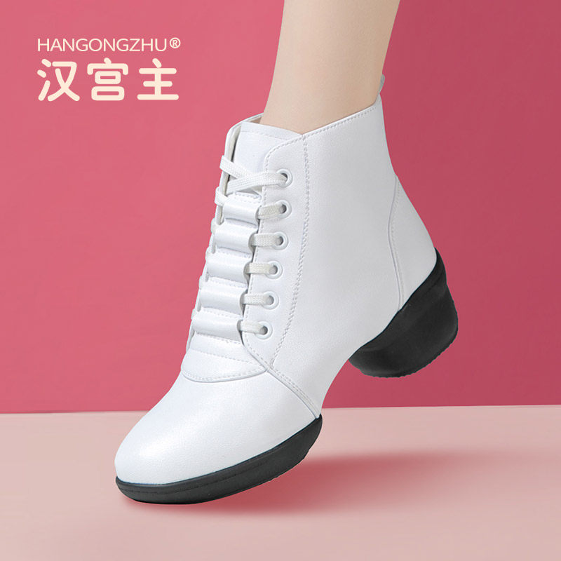 秋冬白色真皮爵士舞蹈靴女软底四季广场舞女鞋中跟水兵跳舞鞋演出