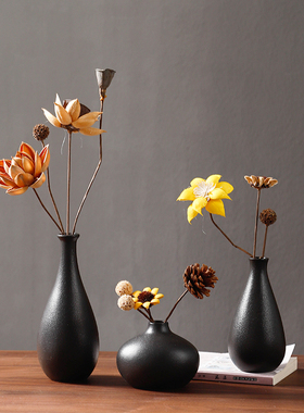 禅意复古黑色小花瓶摆件中式客厅桌面陶瓷水培插花干花花束装饰品